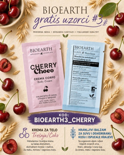 BioEarth poklon uzorci (set 3). Cherry Choco krema za telo + Balzam za kosu 6587