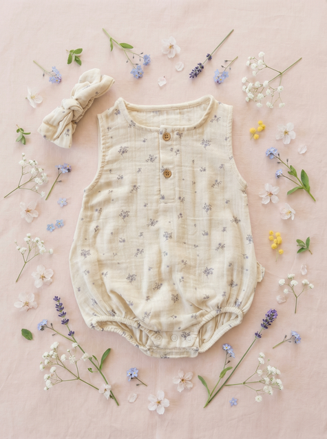 VAUVA Bodi za bebe od pamucnog muslina bez rukava sa trakom za kosu (9-12 m) 74-80 cm Bež cveće 5166