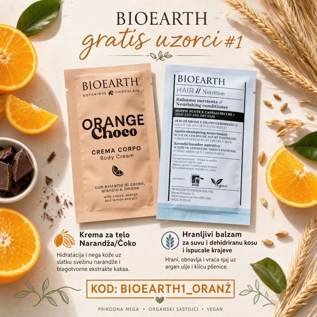 BioEarth poklon uzorci (set 1). Orange Choco krema za telo + Balzam za kosu 6585