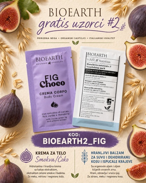 BioEarth poklon uzorci (set 2). Fig Choco krema za telo + Balzam za kosu 6586