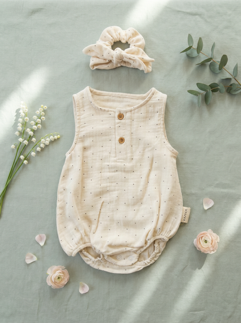 VAUVA Bodi za bebe od pamucnog muslina bez rukava sa trakom za kosu (9-12 m) 74-80 cm Bež grašak 5195