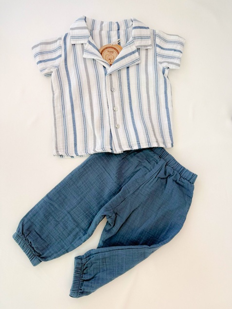 Kidaxi košulja i pantalone od muslina komplet 92 (12-24 meseci) (Bela sa plavim prugama, tamno plava) 3857