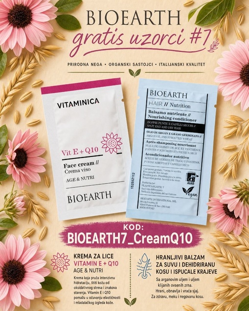 BioEarth poklon uzorci (set 7). Krema za lice vitamin E i Q10 + Balzam za kosu 6591