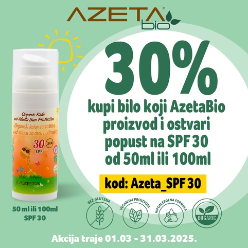 30% POPUSTA NA AZETA BIO SPF30 ORGANSKU KREMU