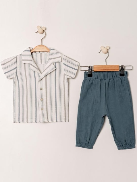Kidaxi košulja i pantalone od muslina komplet 80 (12-24 meseci) (Bela sa plavim prugama, tamno plava) 4203